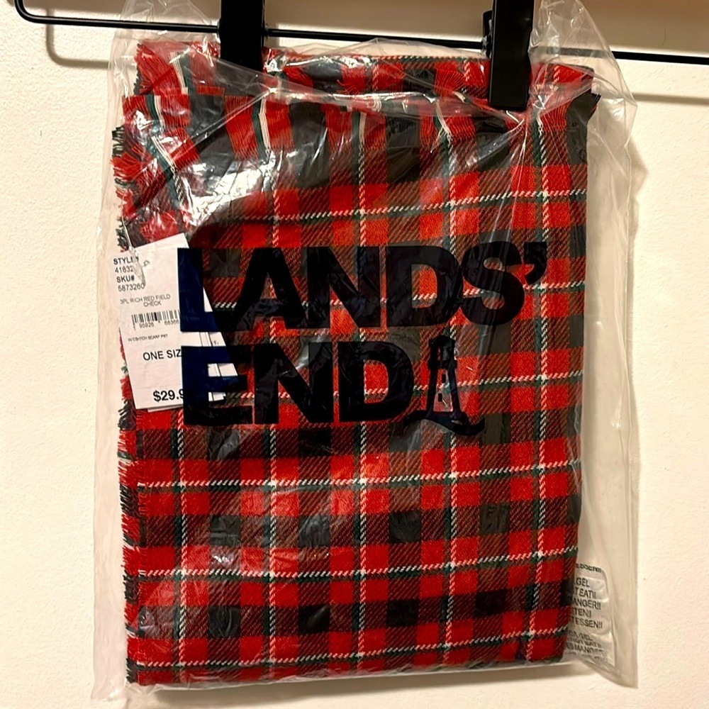 Lands End Rich Red Plaid Checkered Scarf NWT